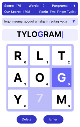A TYLOGRAM gameboard with the letters R, L, T, A, O, G, Y and M scrambled in a 3x3 grid.